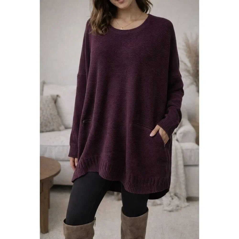 Victoria’s Secret Oversized Knit Sweater Burgundy Plum Ribbed Pocket Cozy Pullov